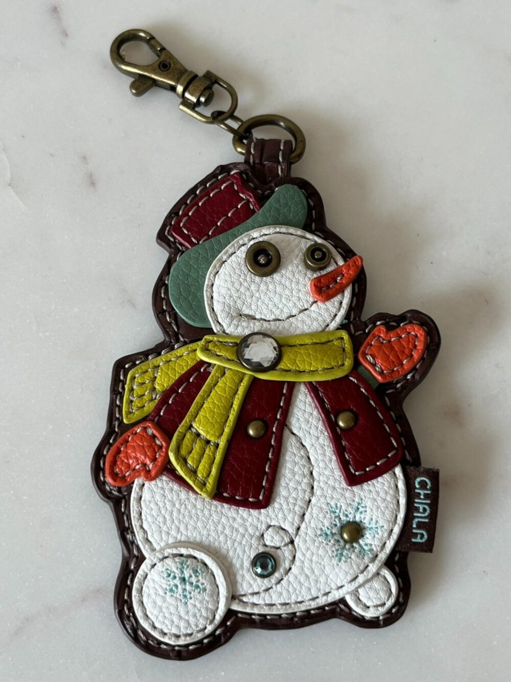 Chala Snowman Keychain Charm with Coin Purse on Back Faux Leather Rhinestones
